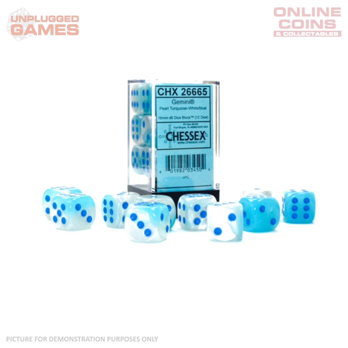 CHESSEX D6 Dice 16mm (12) - Gemini Pearl Turquoise-White/Blue Luminary Block