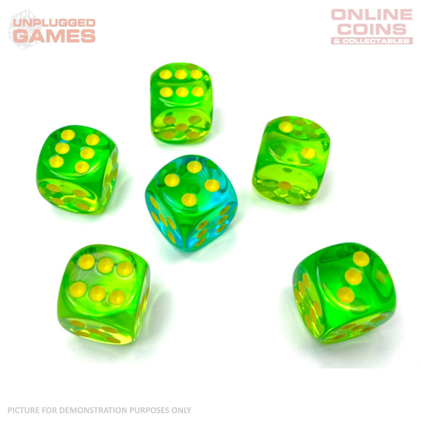 CHESSEX D6 Dice 16mm (12) - Gemini Translucent Green-Teal/Yellow Block