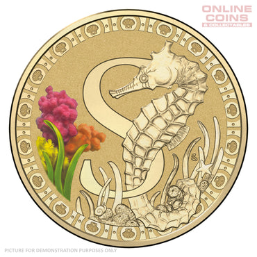 2016 $1 Coloured Alphabet Frosted Coin In Card - S for Seahorse
