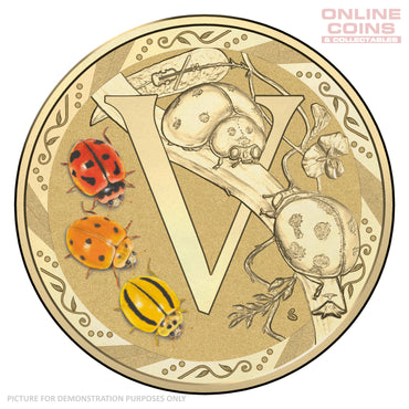 2016 $1 Coloured Alphabet Frosted Coin In Card - V for Variable Ladybird