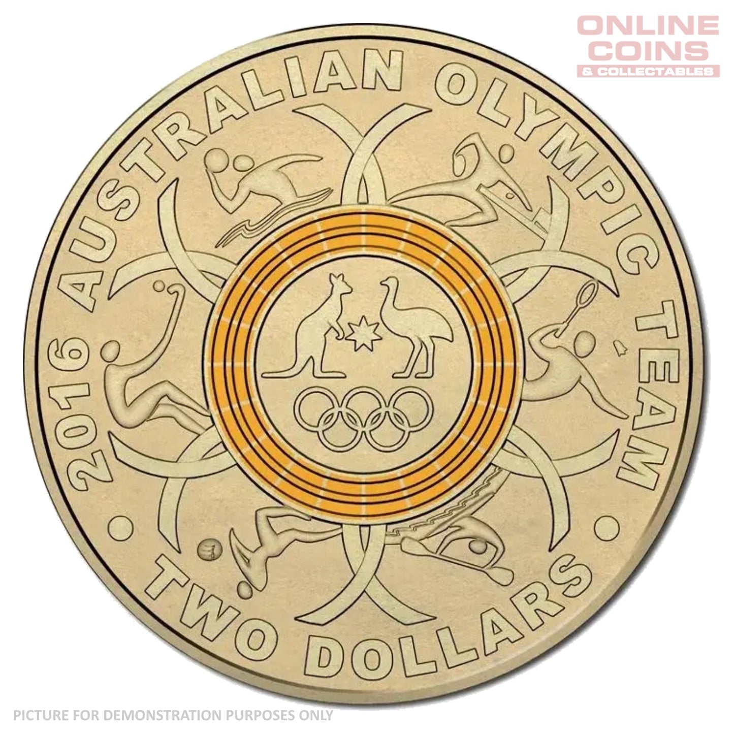 2016 RAM $2 Orange Olympic Ring Coloured Loose Coin - Circulated Condition