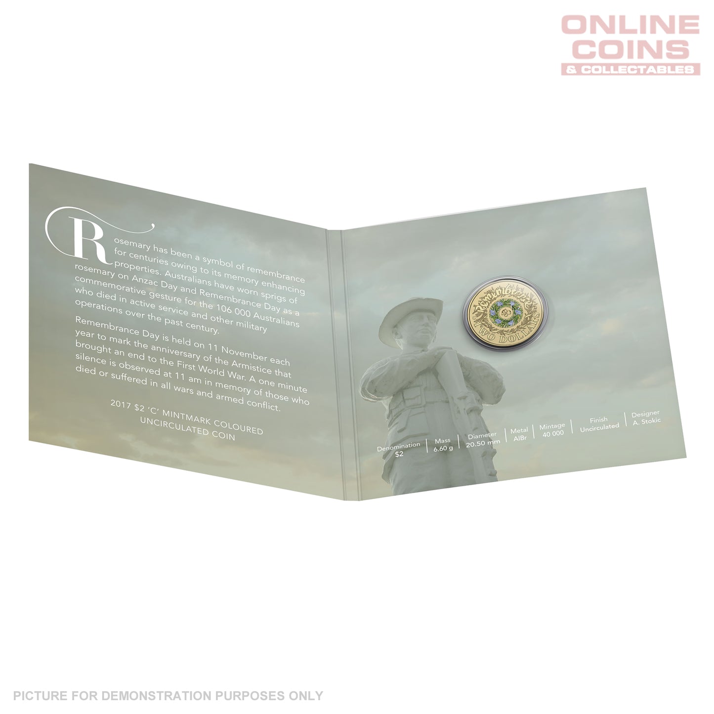 2017 $2 'C' Mintmark Coloured Uncirculated Coin In Card - Remembrance Day