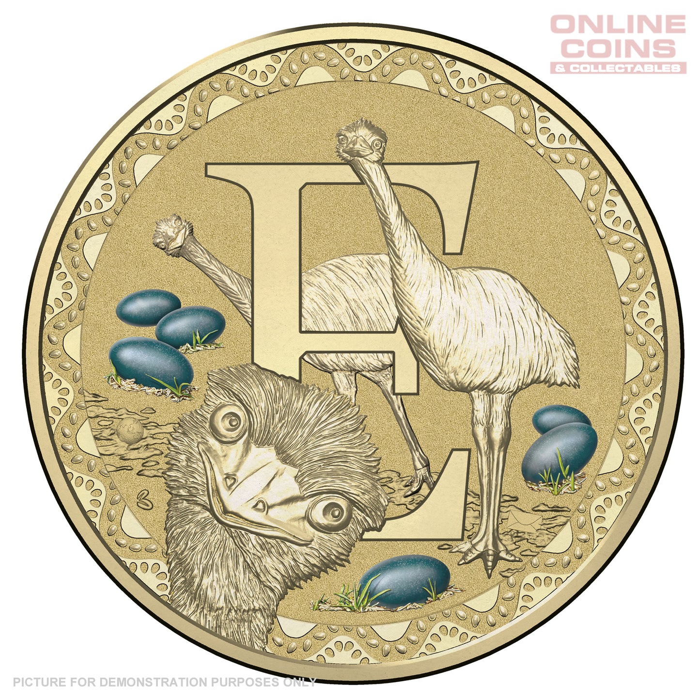 2017 $1 Coloured Alphabet Frosted Coin In Card - E For Emu