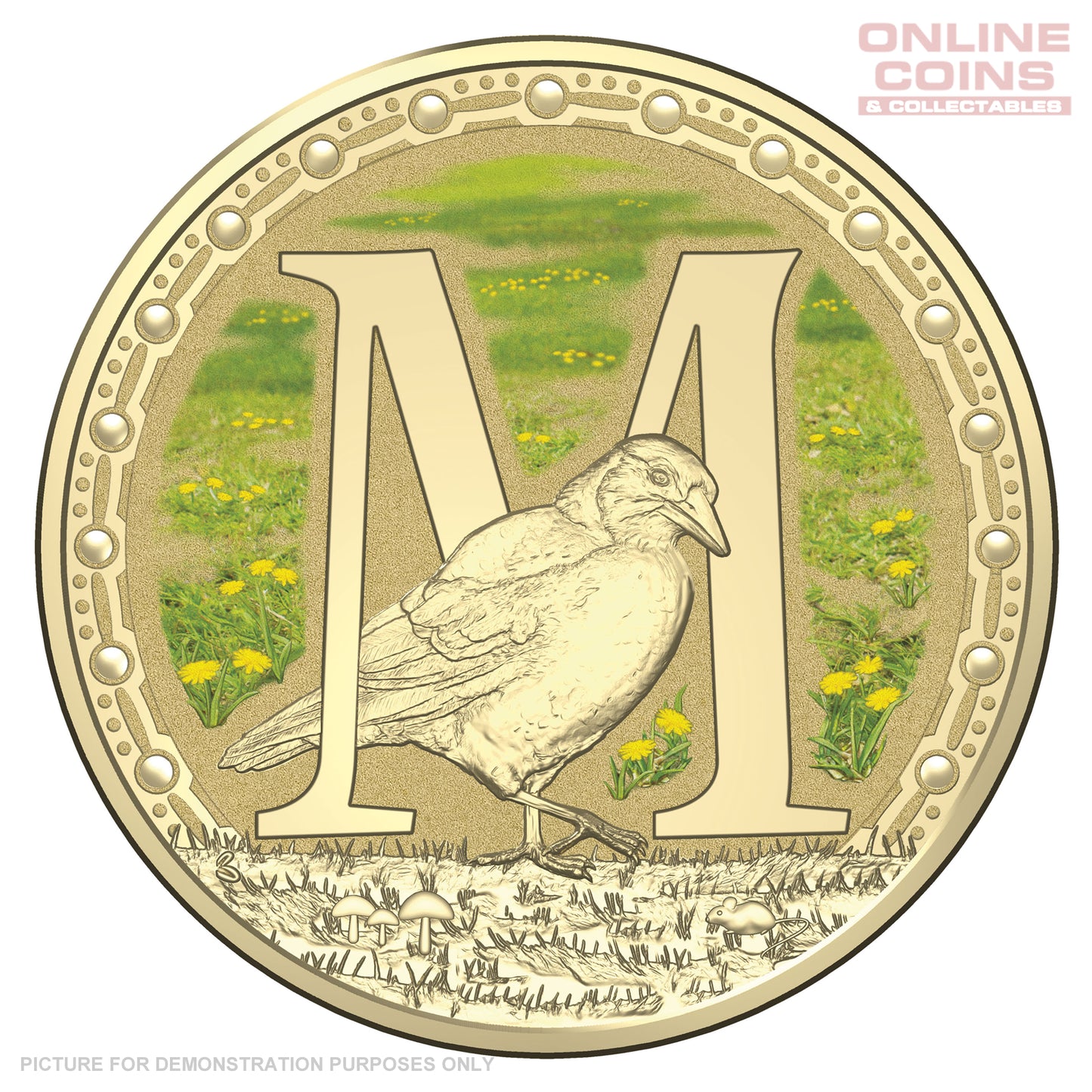 2017 $1 Coloured Alphabet Frosted Coin In Card - M For Magpie