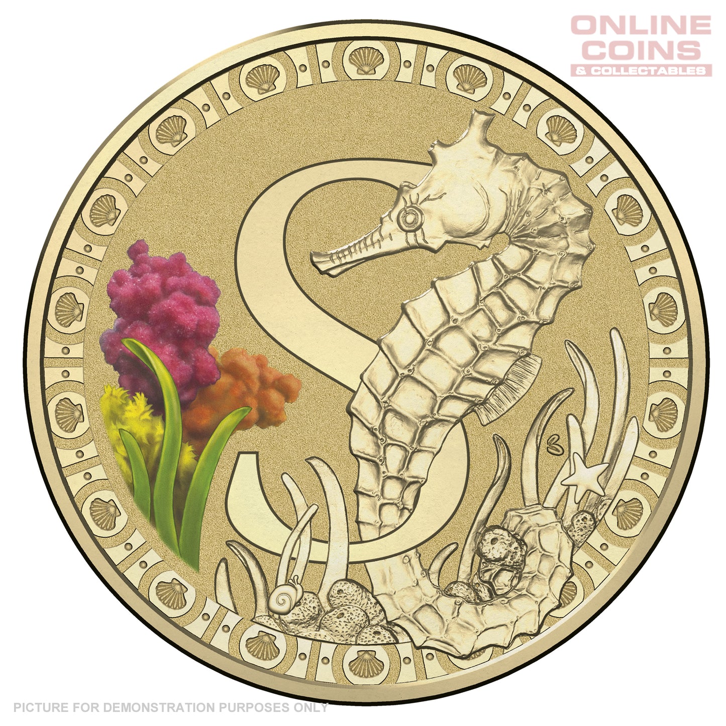 2017 $1 Coloured Alphabet Frosted Coin In Card - S For Seahorse