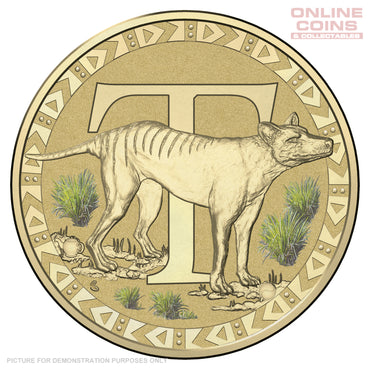 2017 $1 Coloured Alphabet Frosted Uncirculated Coin In Card - T For Tasmanian Tiger