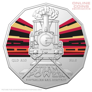 2022 50c CuNi Coloured Uncirculated Carded Coin - QLD Queensland Rail A10 No.6D