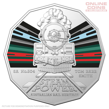 2022 50c CuNi Coloured Uncirculated Carded Coin – TAS Nth Mount Farrell Mine Tramway 'Wee Georgie Wood'