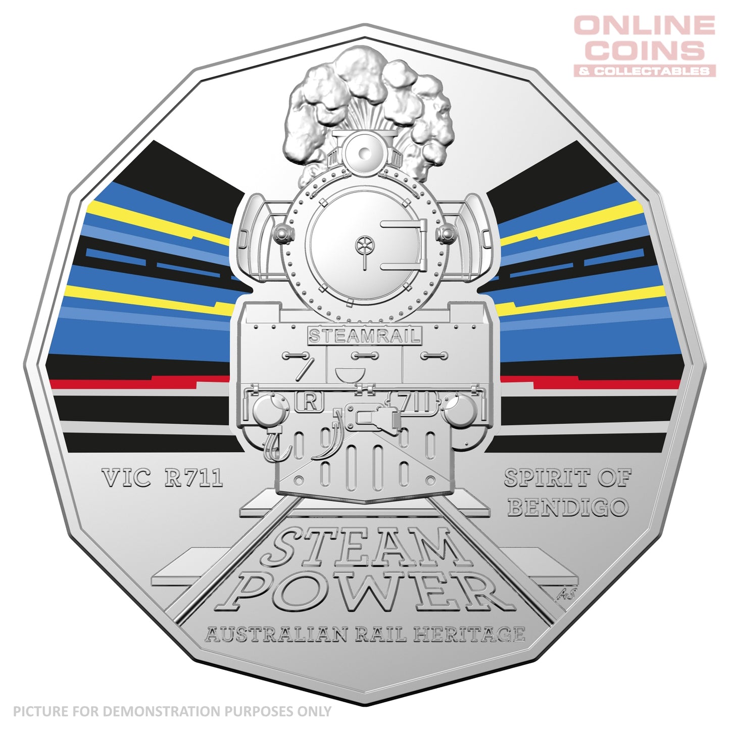 2022 50c CuNi Coloured Uncirculated Carded Coin – VIC Victorian Railways R Class R/11 'Spirit of Bendigo'