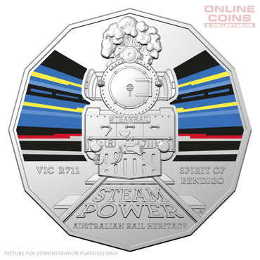 2022 50c CuNi Coloured Uncirculated Carded Coin – VIC Victorian Railways R Class R/11 'Spirit of Bendigo'