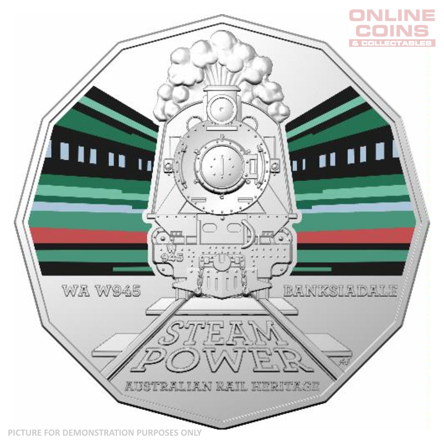 2022 50c CuNi Coloured Uncirculated Carded Coin – WA Western Australian Railways W Class W945 'Banksiadale'