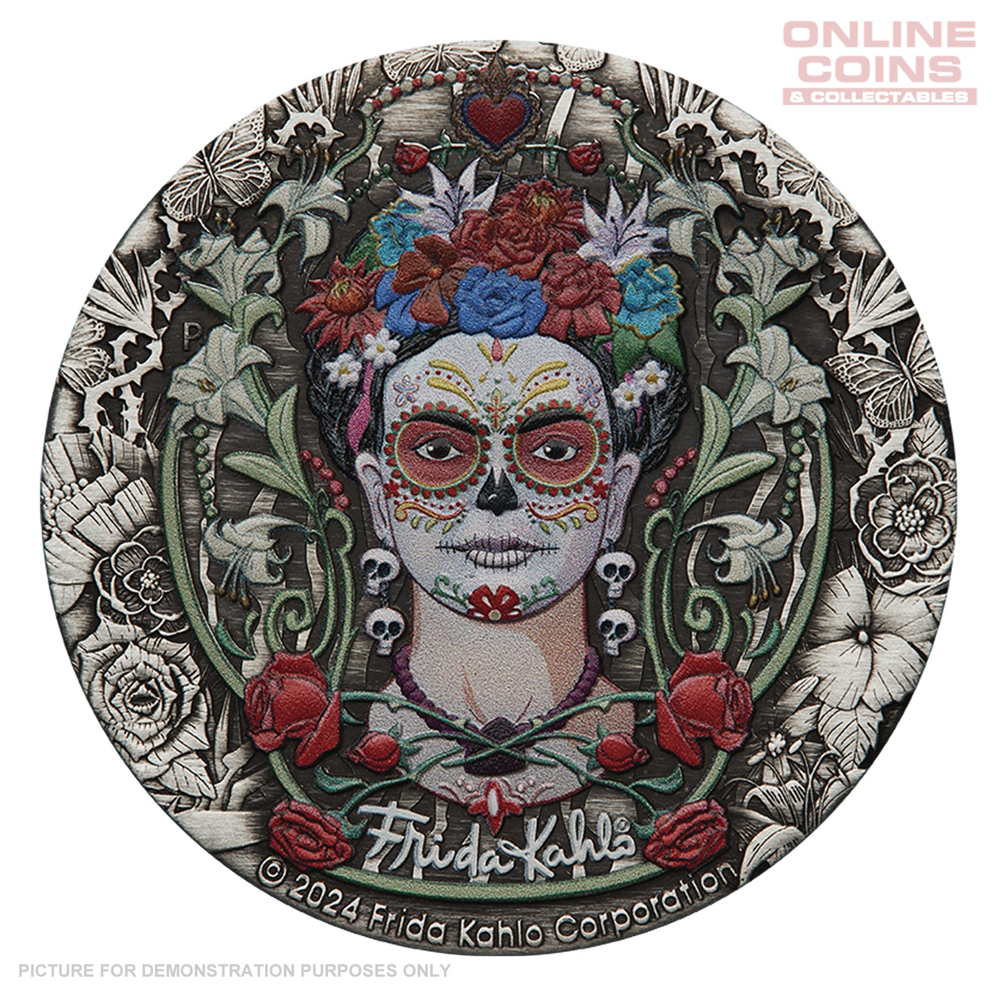 2024 Perth Mint 2oz Silver Antiqued Coloured Coin - Frida Kahlo