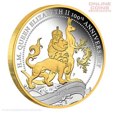 2026 Perth Mint QEII 100th Bday Florin 1oz Silver Proof Gilded Coin