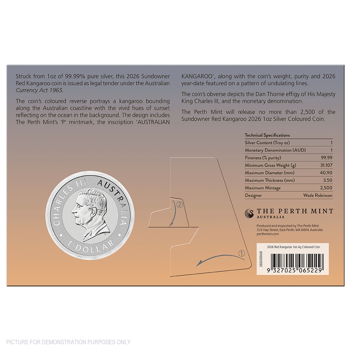 2026 Perth Mint 1oz Silver Coloured Coin in Card - Sundowner Red Kangaroo