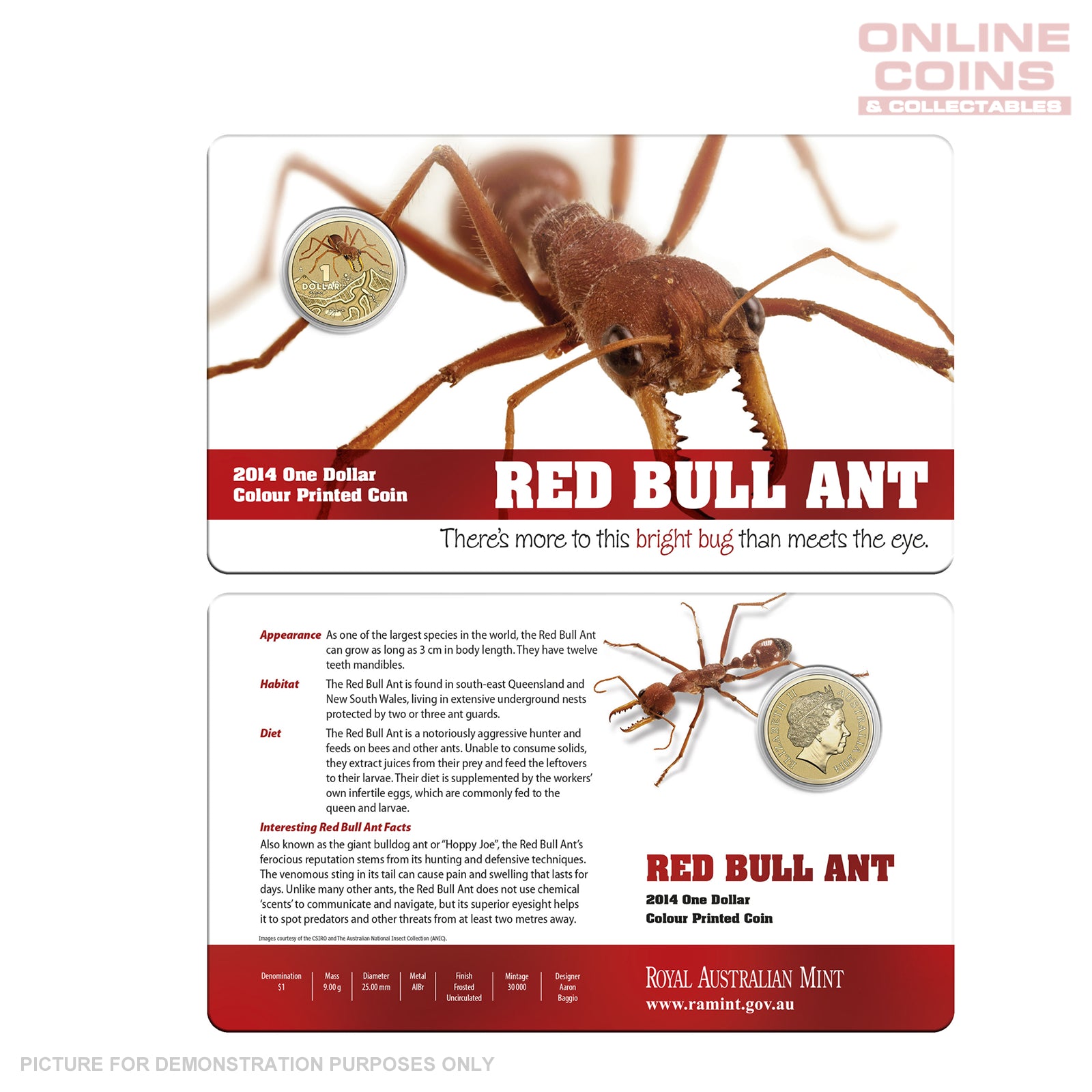 2014 Royal Australian Mint - Bright Bugs - Red Bull Ant - Uncirculated $1 Carded Coin (Mark on Coin)
