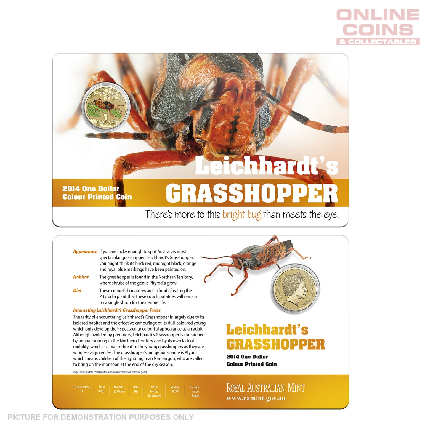 2014 Royal Australian Mint - Bright Bugs - Leichhardt's Grasshopper - Uncirculated $1 Carded Coin