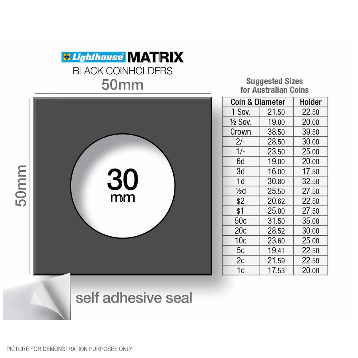 Lighthouse MATRIX BLACK 30mm Self Adhesive 2"x2" MATRIX Coin Holders x 25 - Florin, 20c