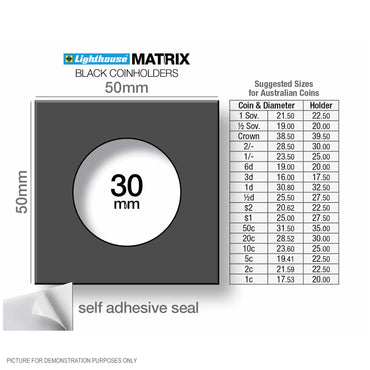 Lighthouse MATRIX BLACK 30mm Self Adhesive 2"x2" MATRIX Coin Holders x 25 - Florin, 20c