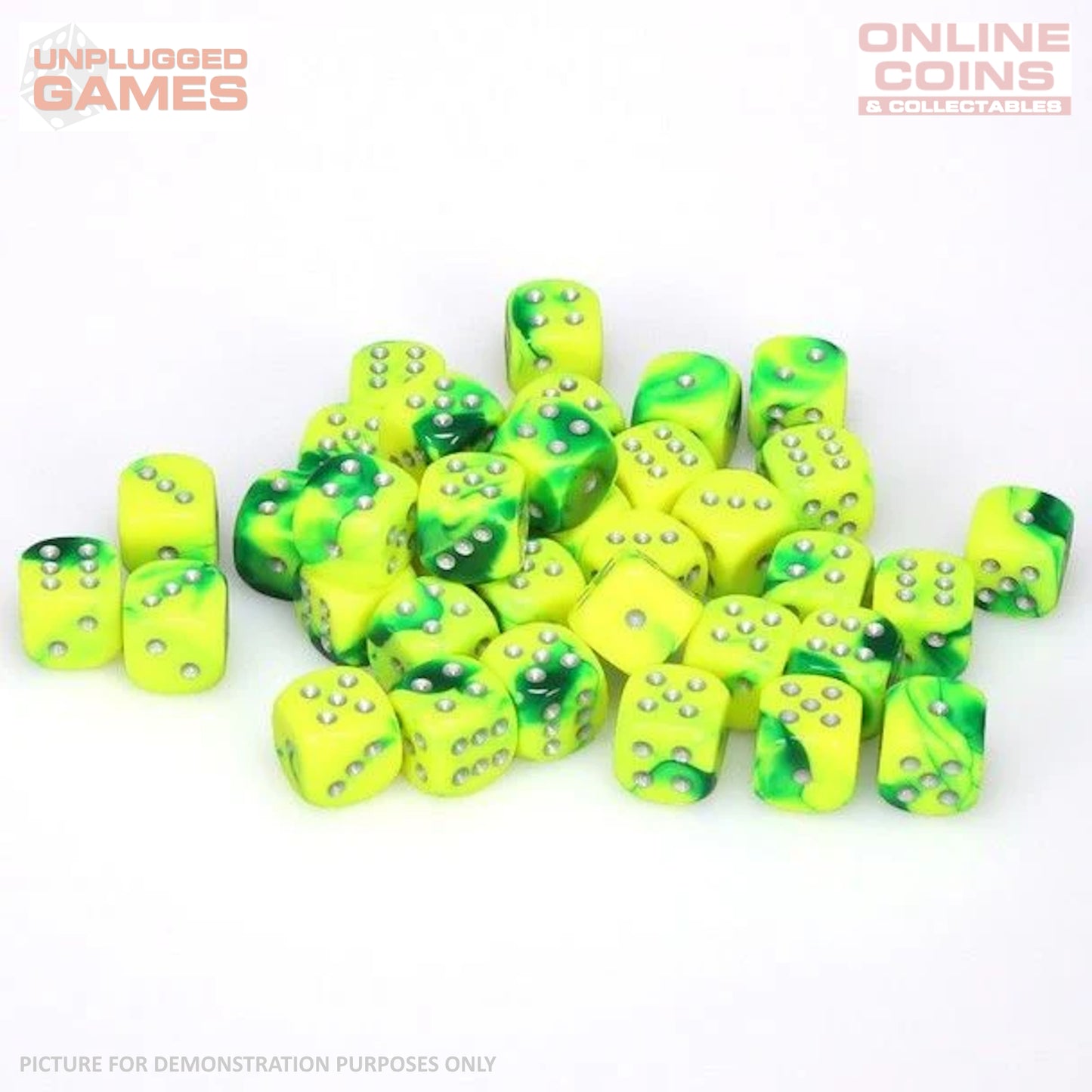 CHESSEX D6 Dice 12mm (36) - Gemini Green Yellow/Silver Block