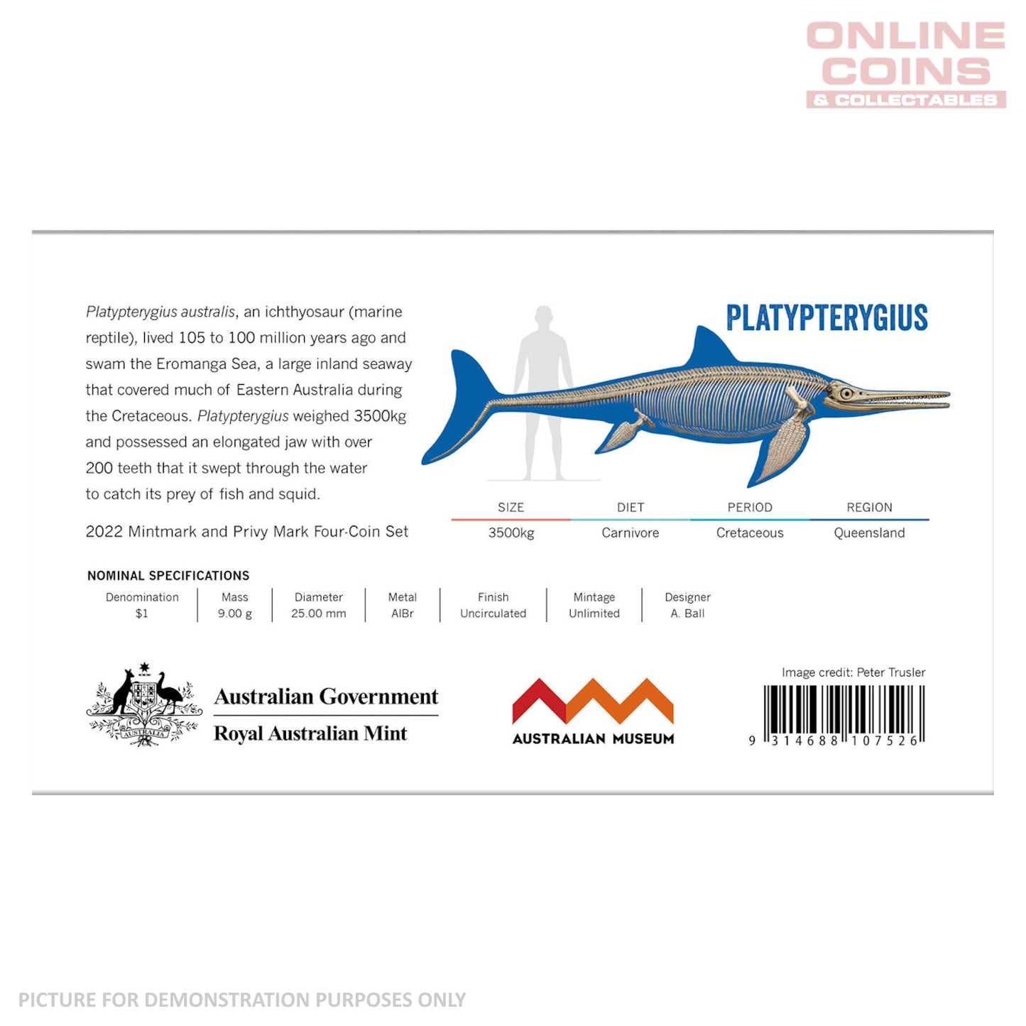 2022 $1 AlBr Mintmark and Privy Mark Uncirculated 4 Coin Set - Australian Dinosaurs