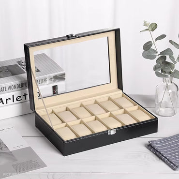 Watch Display Case Organiser with Clear Top, Leather Finish and Soft Cream Lining