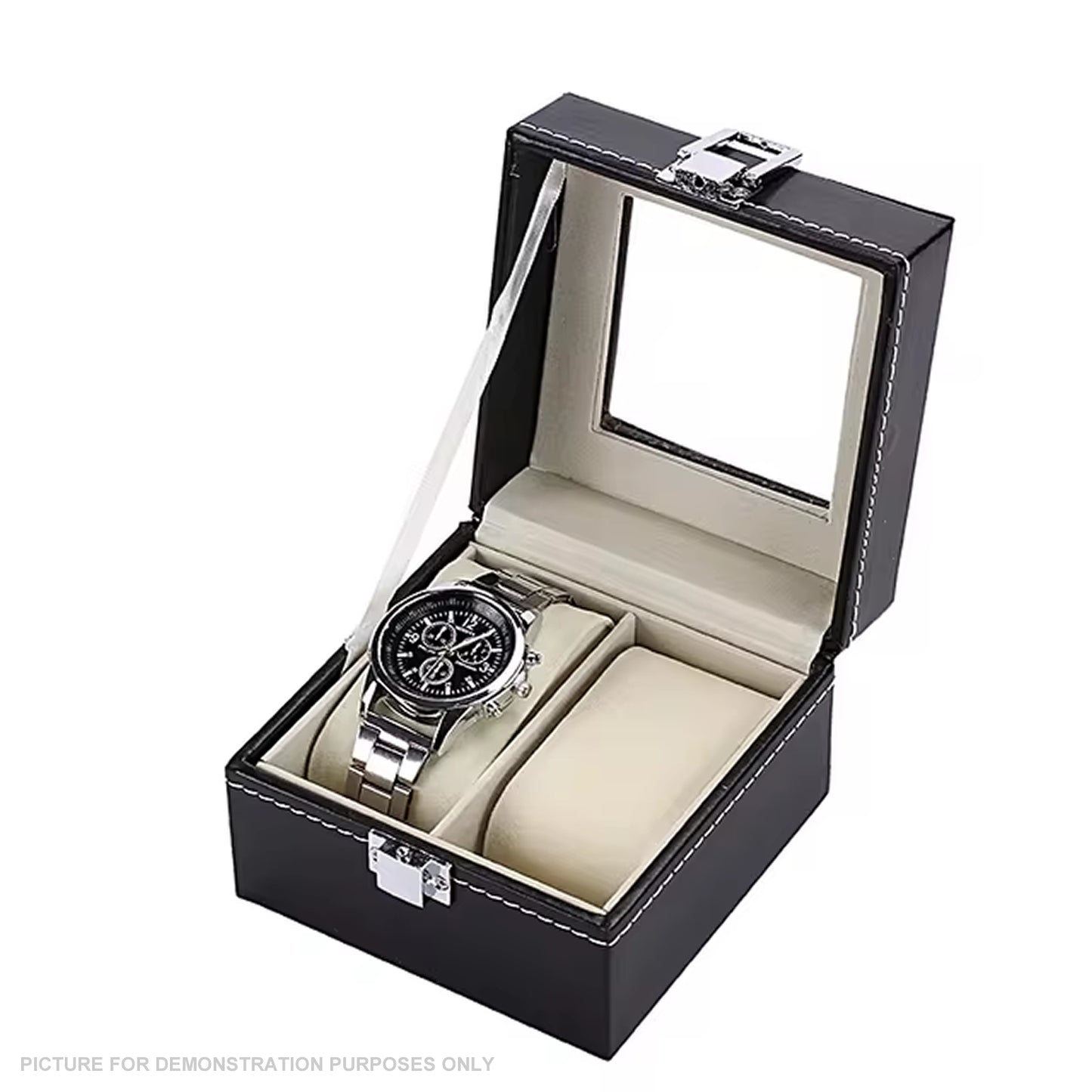 Watch Display Case Organiser with Clear Top, Leather Finish and Soft Cream Lining