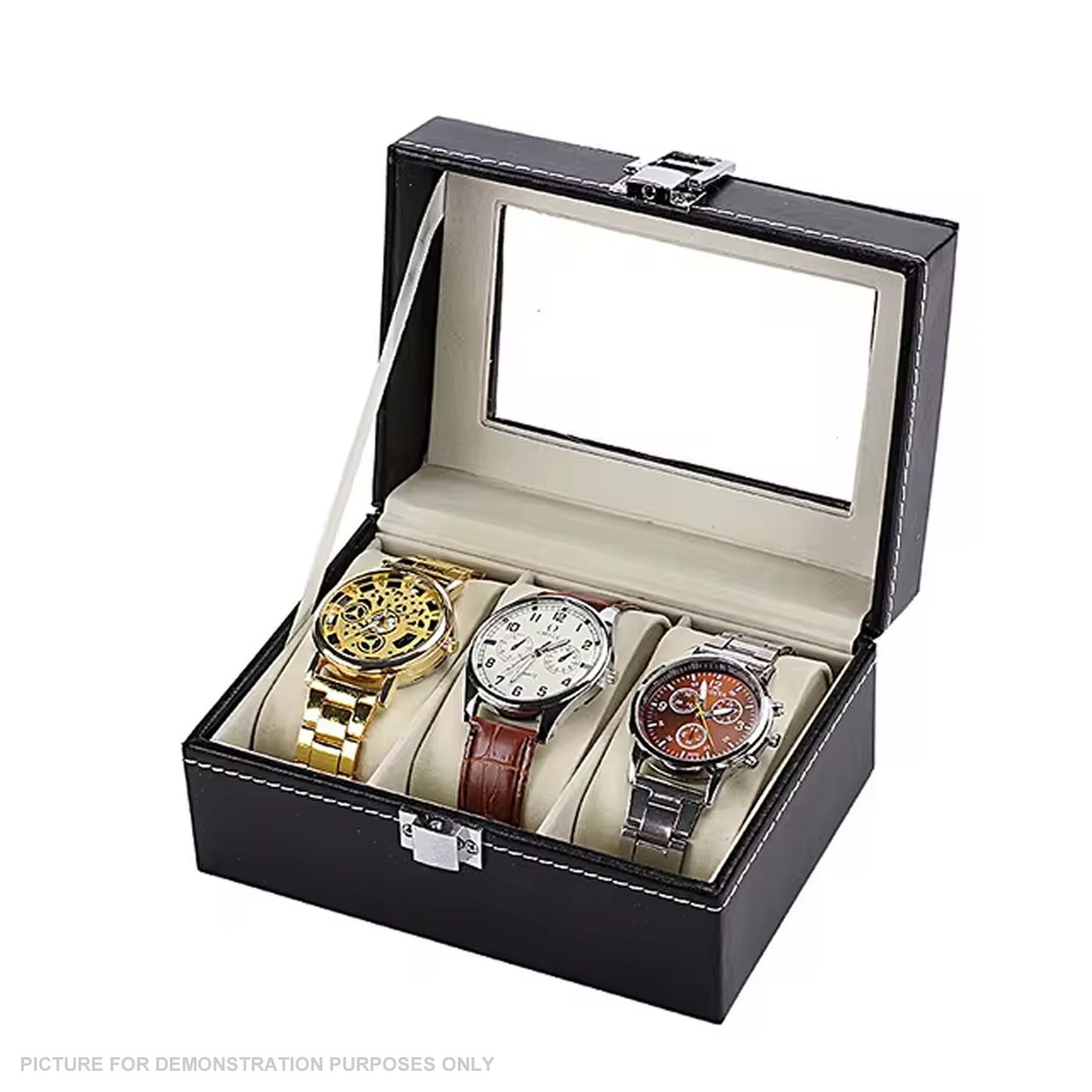 Watch Display Case Organiser with Clear Top, Leather Finish and Soft Cream Lining