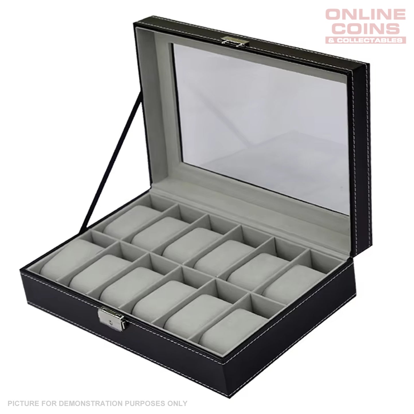 Watch Display Case Organiser with Clear Top, Leather Finish and Soft Grey Lining