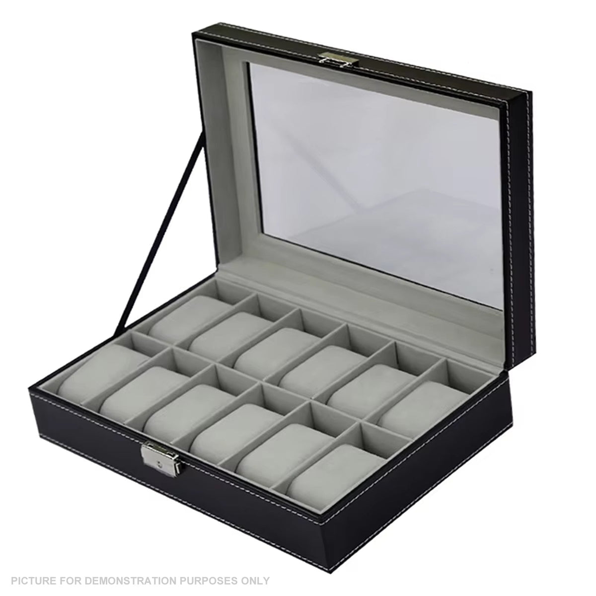 Watch Display Case Organiser with Clear Top, Leather Finish and Soft Grey Lining