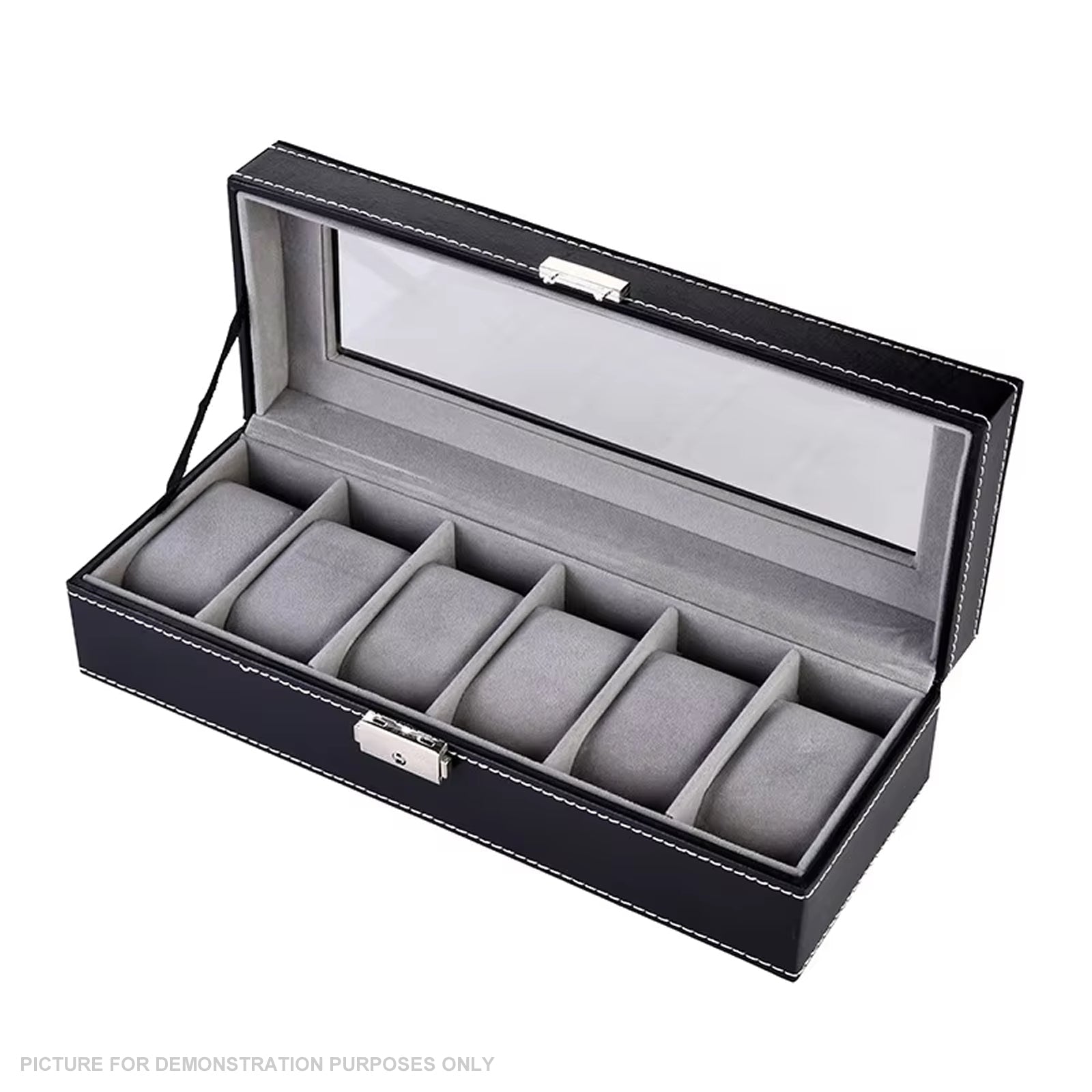 Watch Display Case Organiser with Clear Top, Leather Finish and Soft Grey Lining