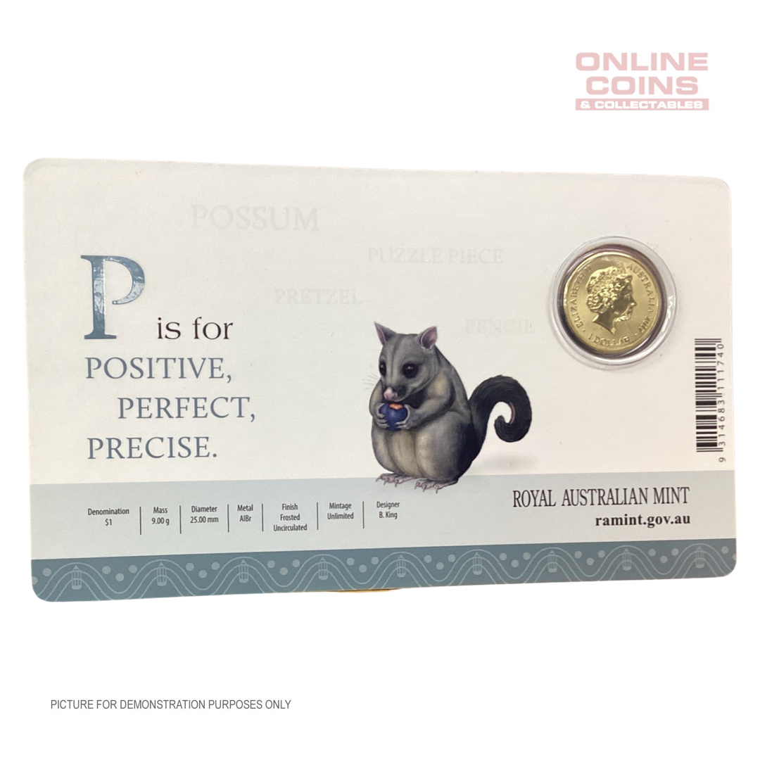 2017 $1 Coloured Alphabet Frosted Coin In Card - P For Possum