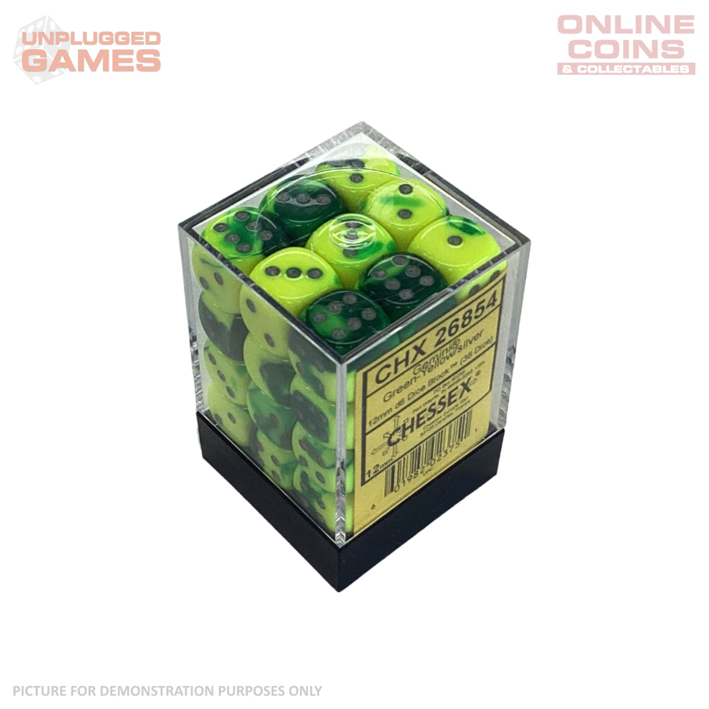 CHESSEX D6 Dice 12mm (36) - Gemini Green Yellow/Silver Block