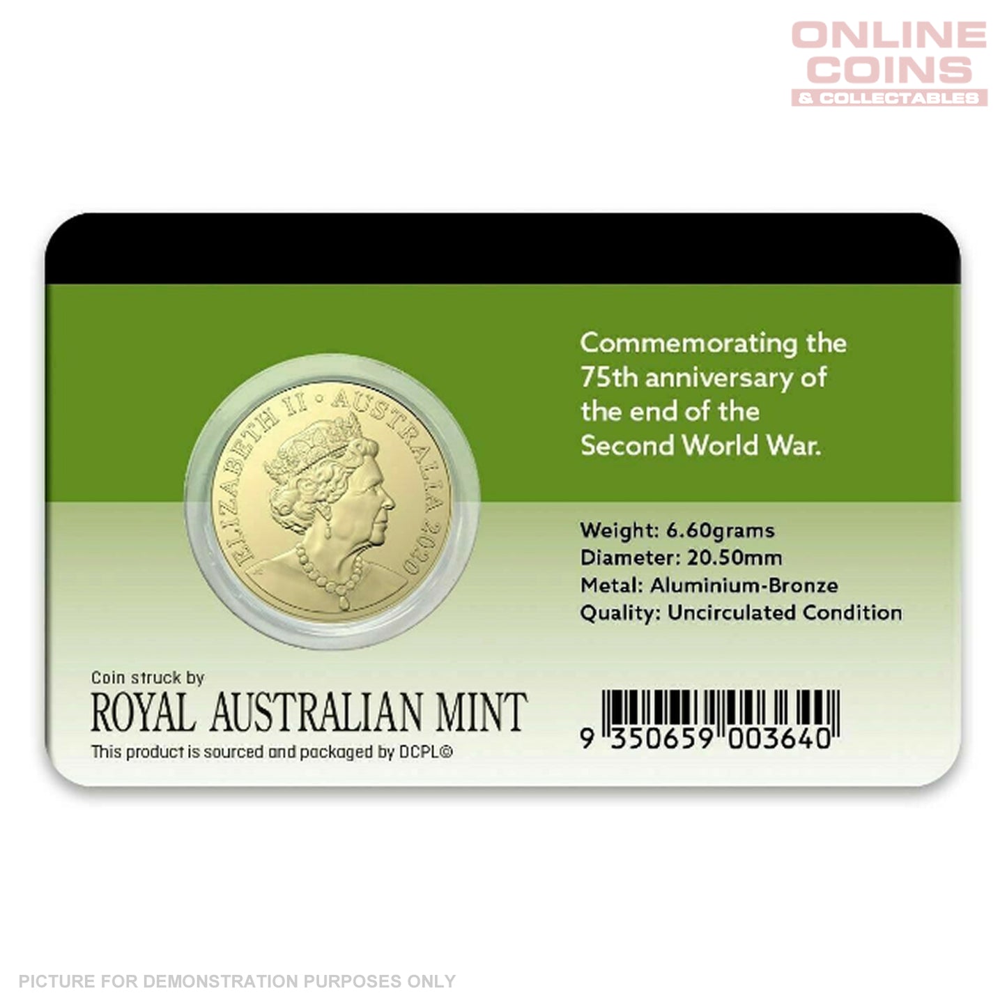 2020 RAM - 75th Anniversary of the End of WWII - Coloured $2 Coin in Downies Card