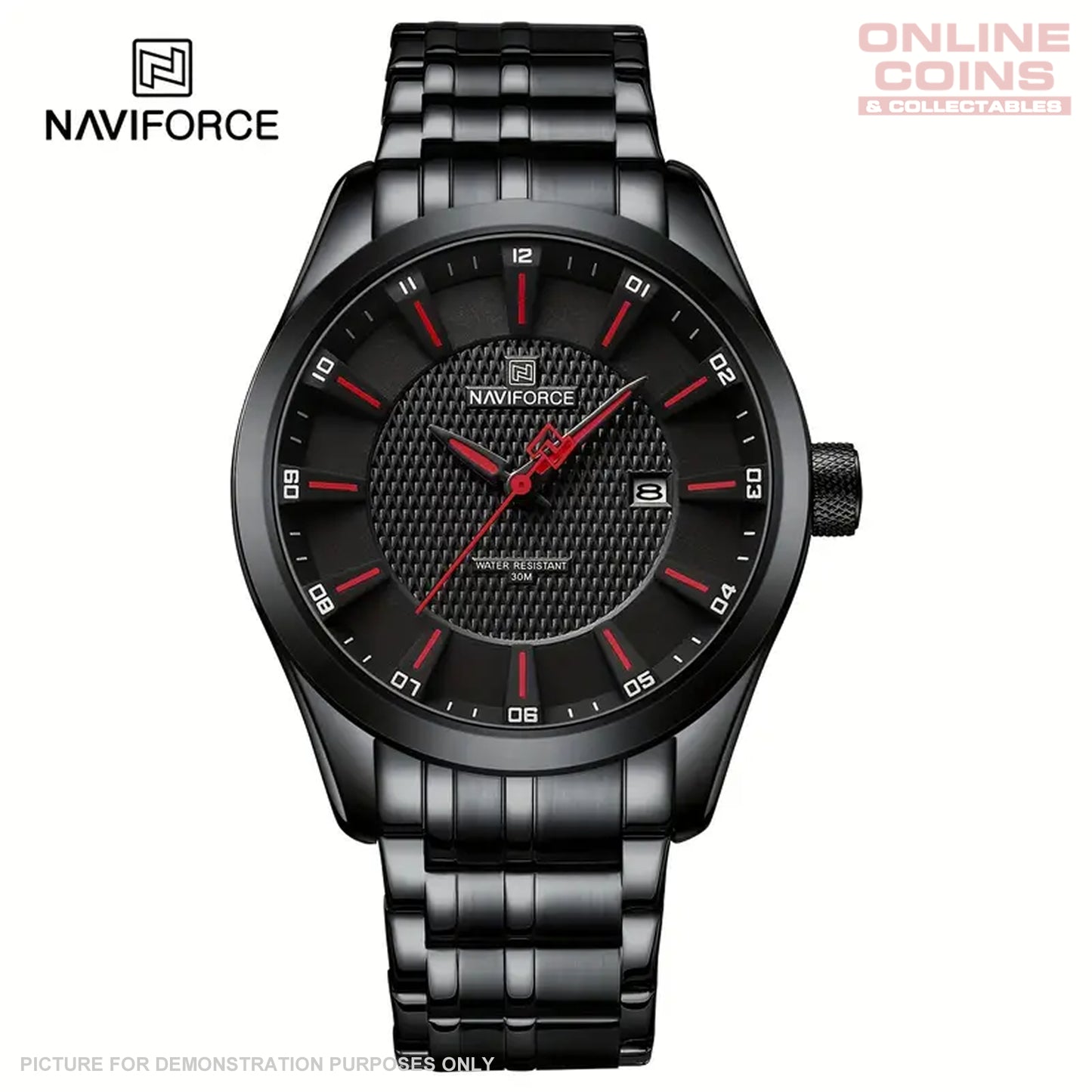 NAVIFORCE NF8032 Sports Watch - Black Stainless Steel with Black Dial and Red Details