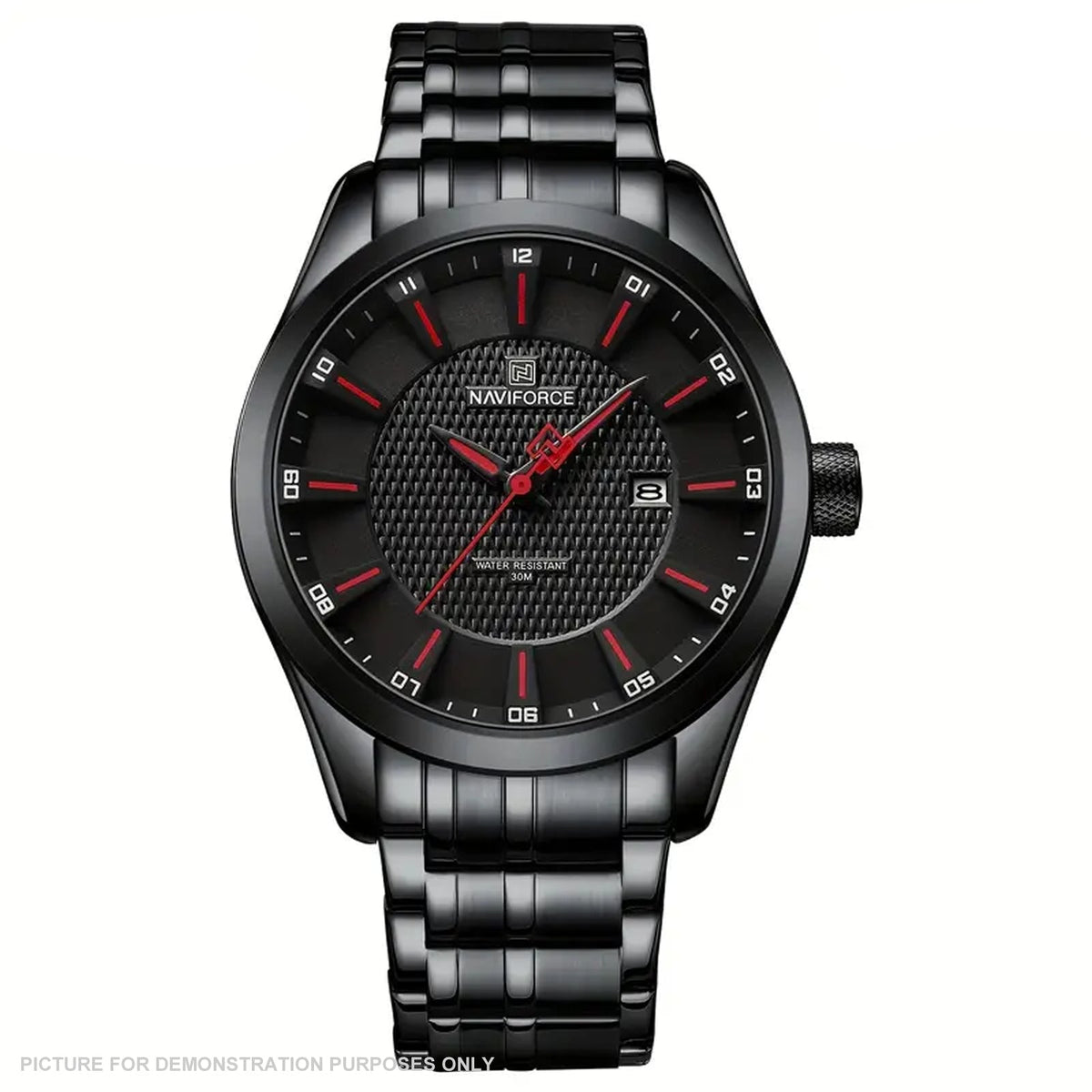 NAVIFORCE NF8032 Sports Watch - Black Stainless Steel with Black Dial and Red Details