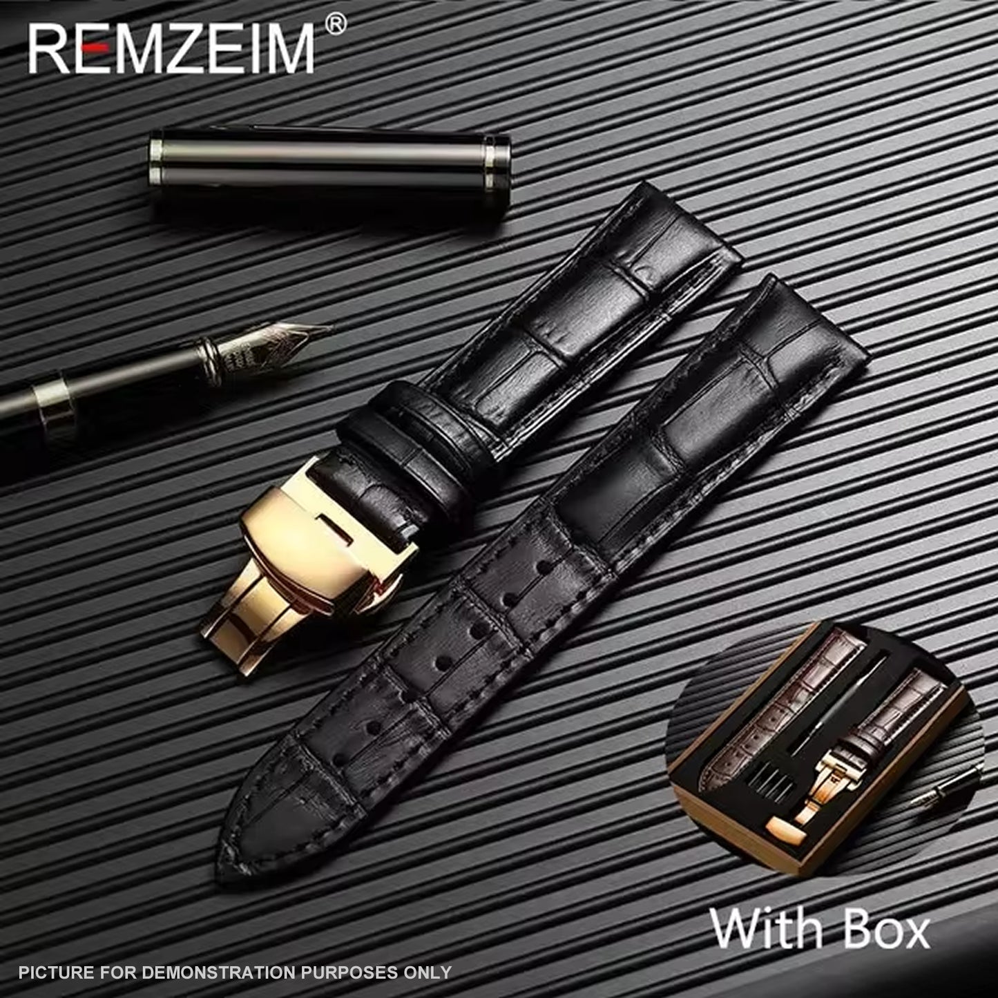 REMZEIM Leather Watchband in BLACK with GOLD Buckle