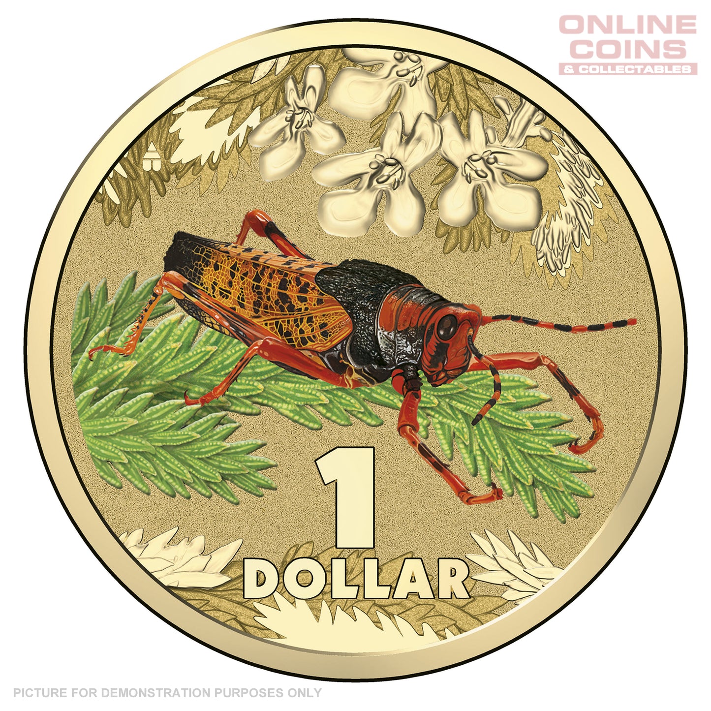 2014 Royal Australian Mint - Bright Bugs - Leichhardt's Grasshopper - Uncirculated $1 Carded Coin