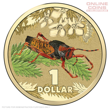 2014 Royal Australian Mint - Bright Bugs - Leichhardt's Grasshopper - Uncirculated $1 Carded Coin