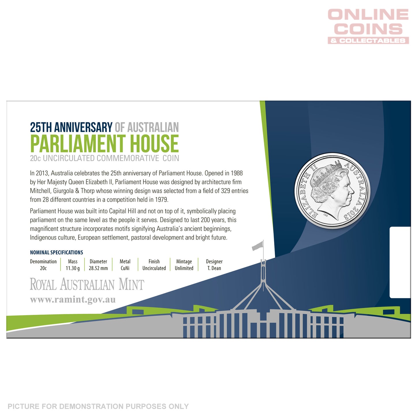 2013 25th Anniversary of Australian Paliment House - CuNi Uncirculated 20c Carded Coin