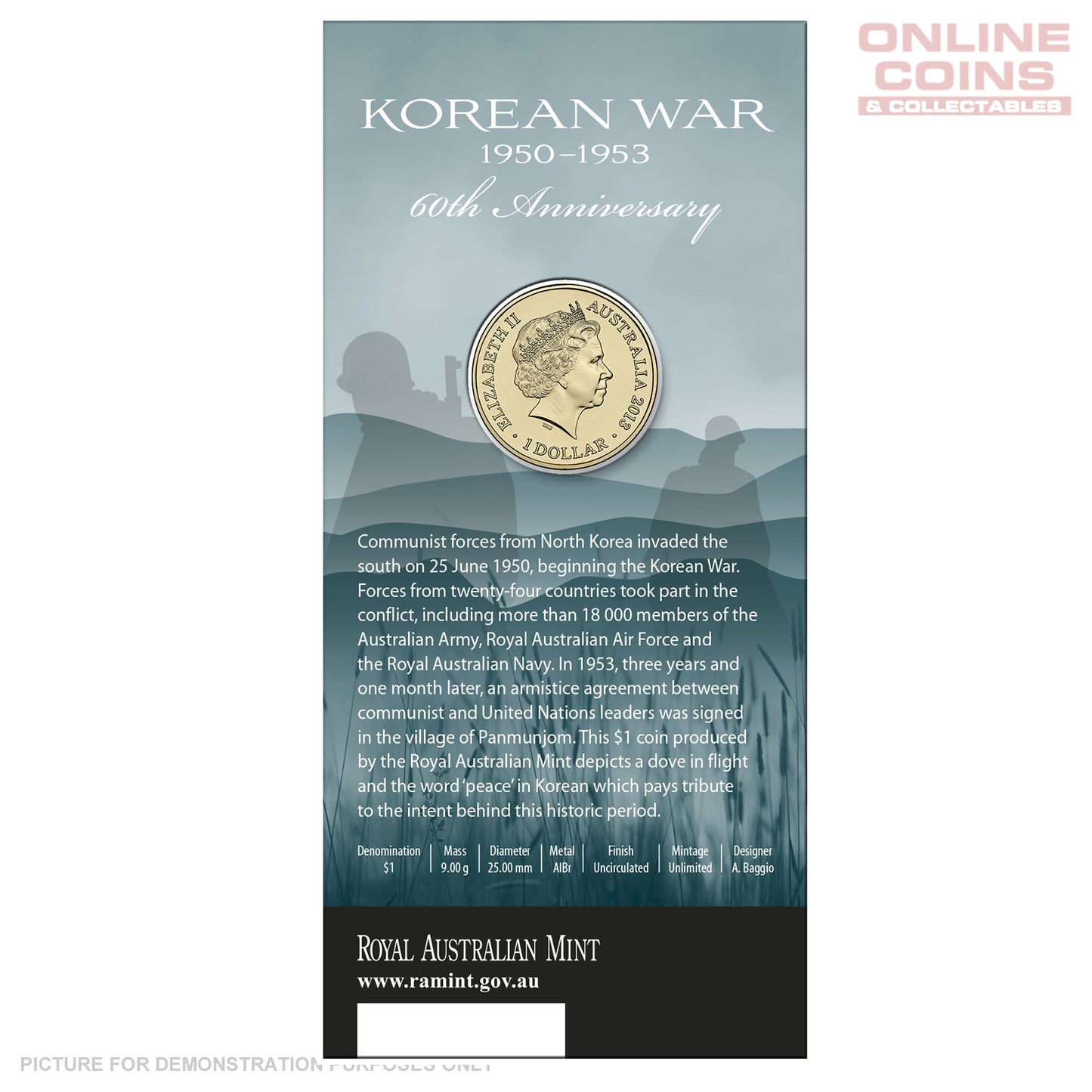 2013 Royal Australian Mint - 60th Anniversary of the end of the Korean War - Uncirculated $1 carded coin