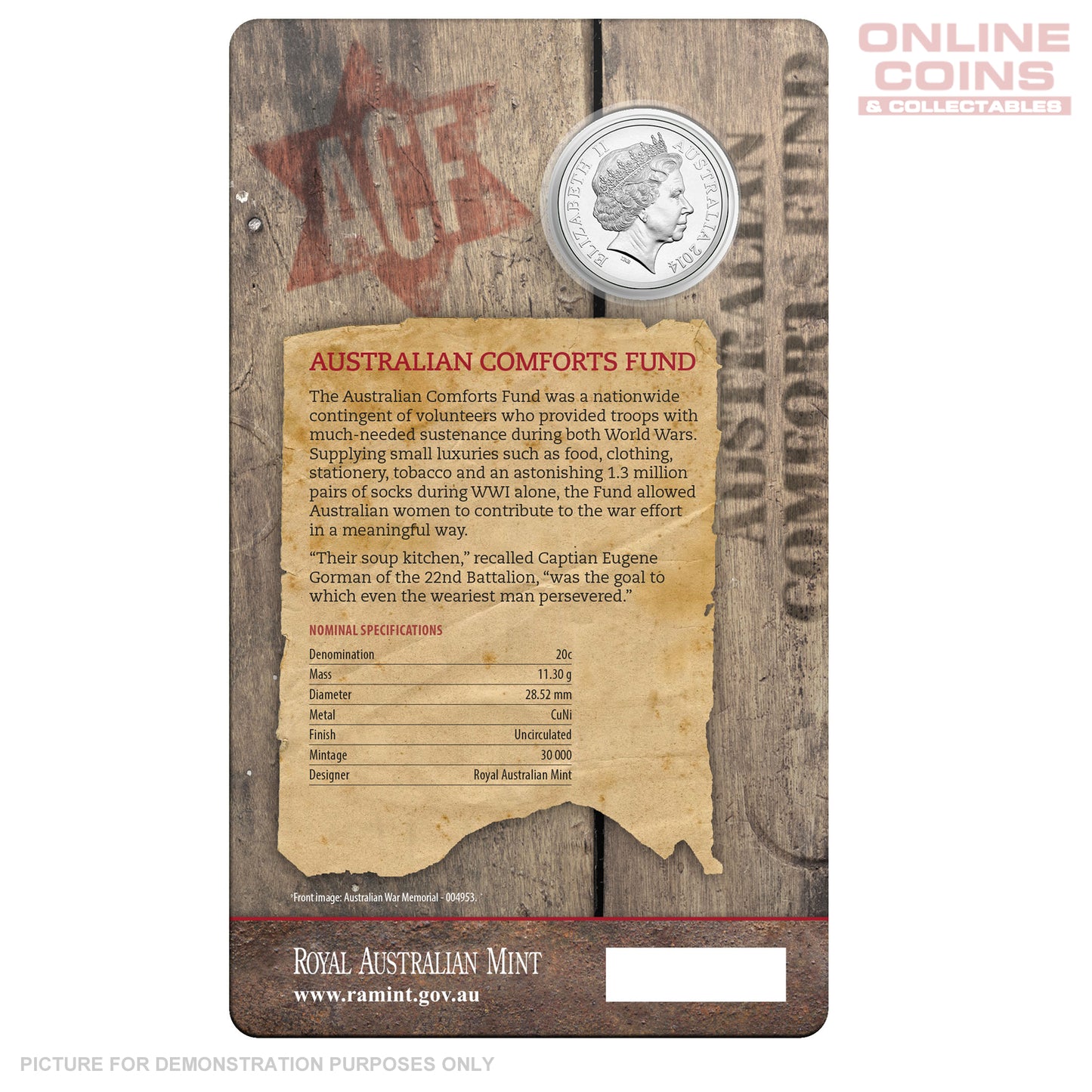 2014 Royal Australian Mint - Australian Comforts Fund- Uncirculated 20c Carded Coin