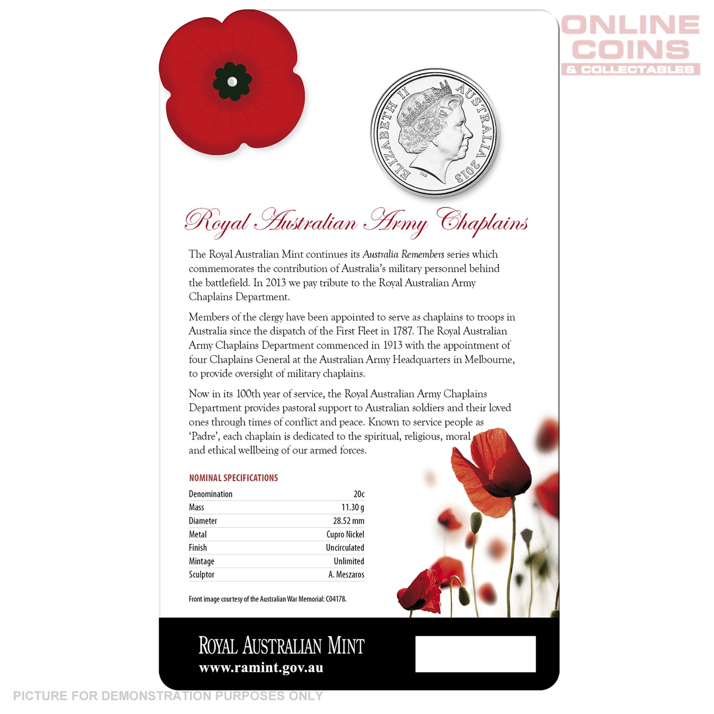 2013 Royal Australian Mint - Australia Remembers - Army Chaplains - Uncirculated 20c Carded Coin