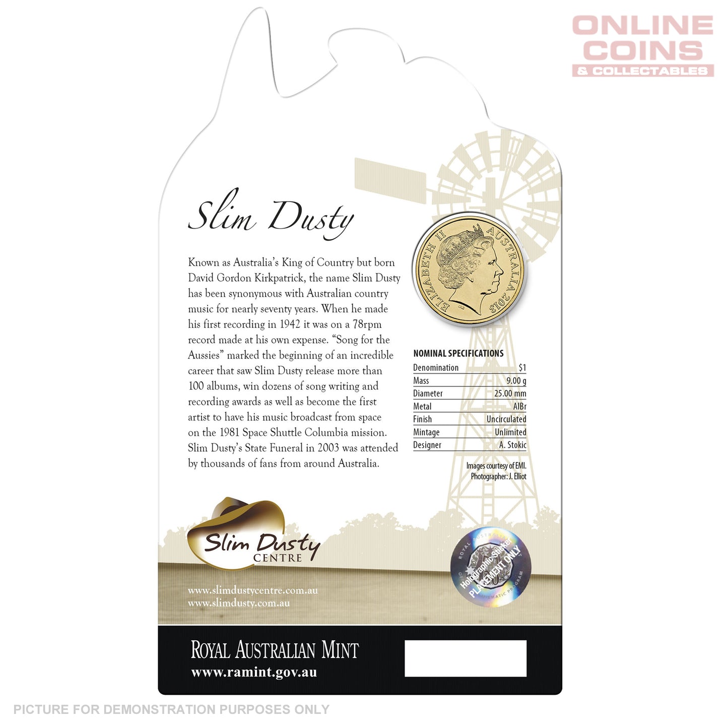 2013 Royal Australian Mint - Inspirational Australians - Slim Dusty - Uncirculated $1 carded coin