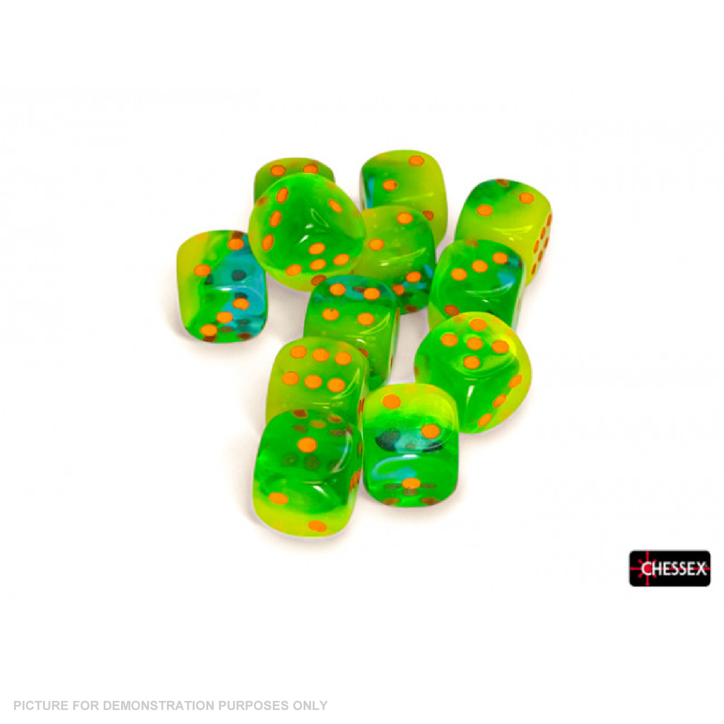 Chessex - Gemini 16mm D6 Plasma Green-Teal/Orange Luminary Dice Block (12 Dice)