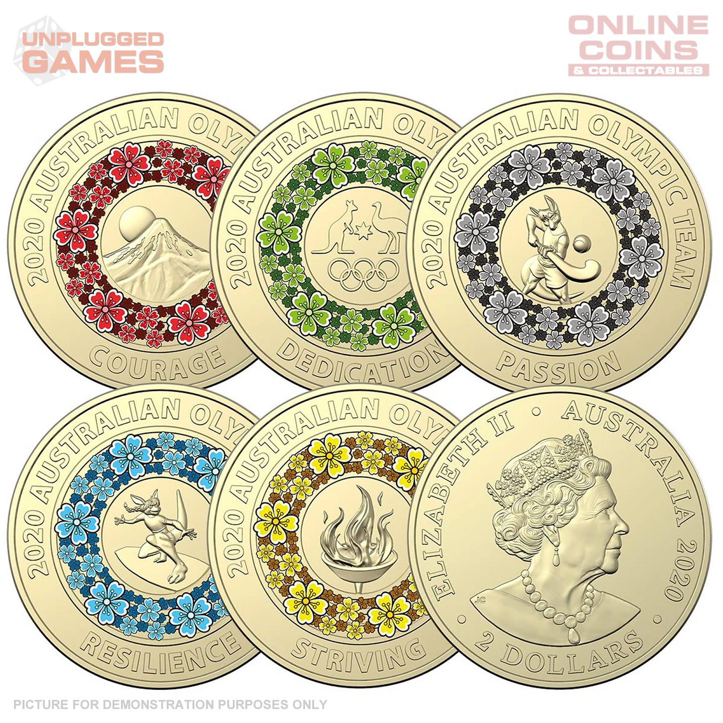 2020 Tokyo Olympic Games Uncirculated $2 Coloured 5 Coin Set