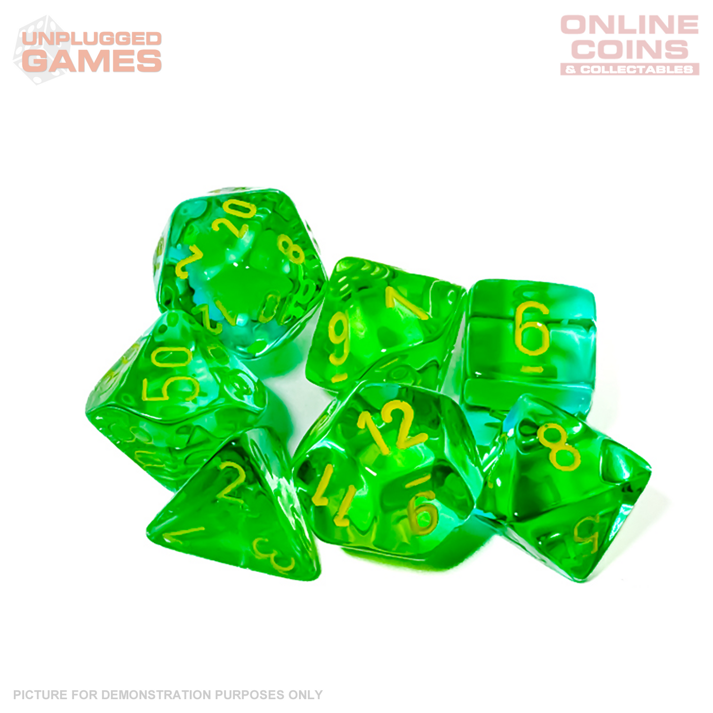 Chessex Gemini Translucent Green-Teal / Yellow Luminary 7-Die Set