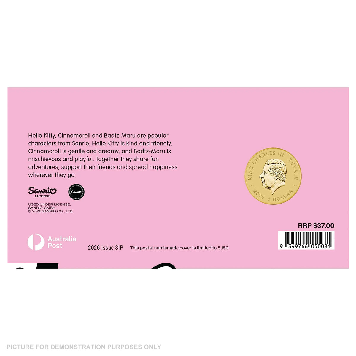 2026 - Perth Mint - Hello Kitty, Cinnamoroll & Badtz-Maru Stamp and Coloured Coin Cover