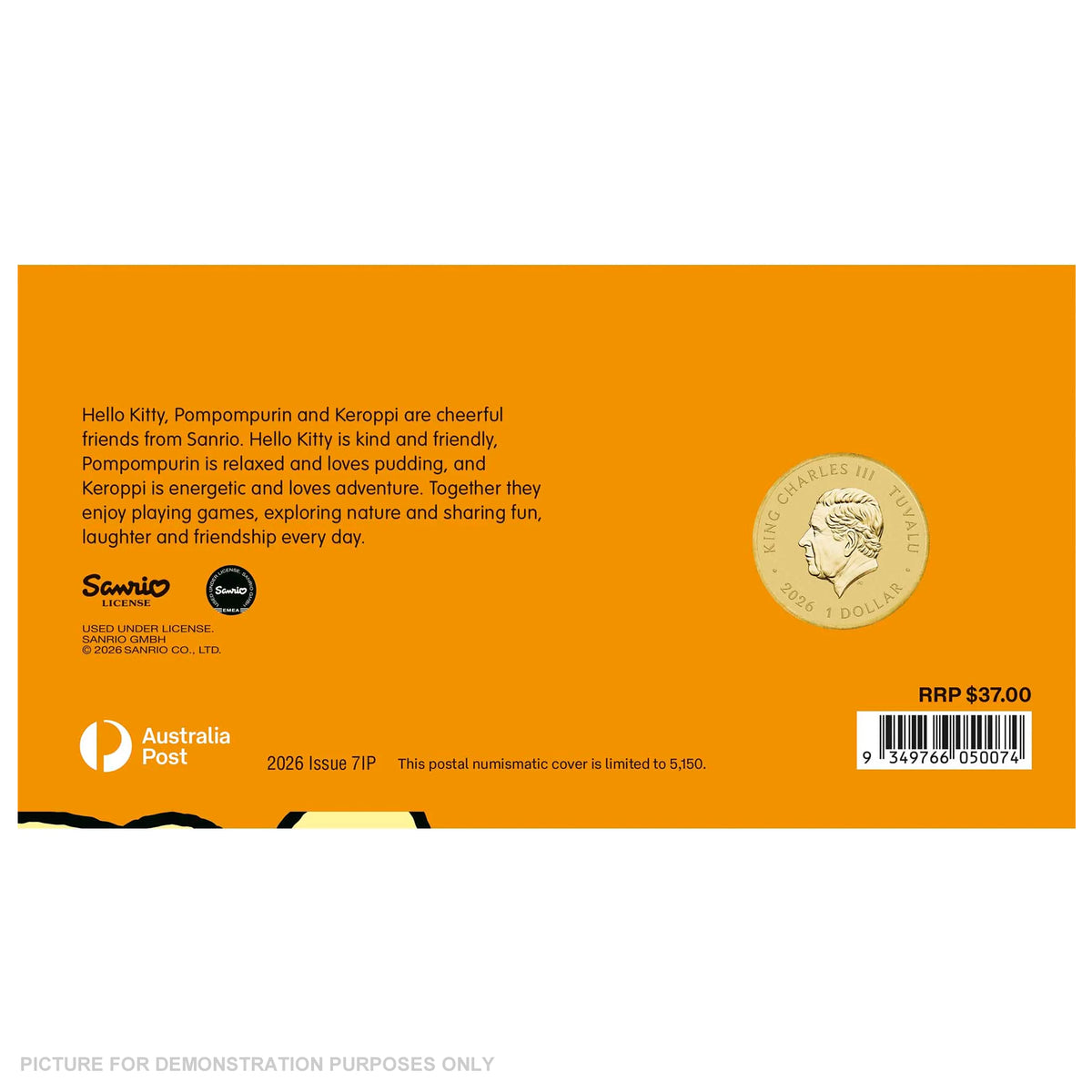 2026 - Perth Mint - Hello Kitty, Pompompurin and Kerokerokeroppi Stamp and Coloured Coin Cover