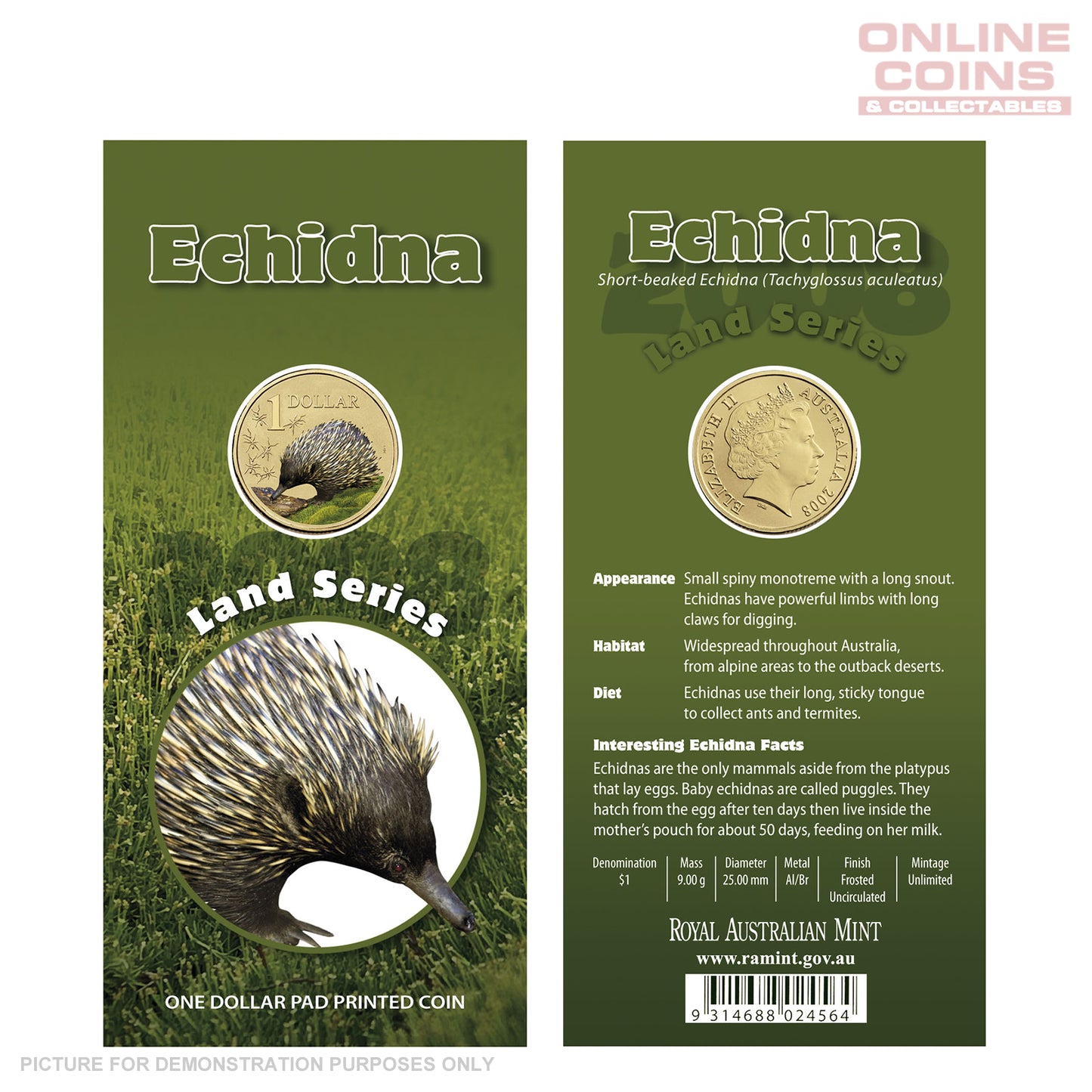 2008 Royal Australian Mint - $1 carded coin - Land Series - Echidna