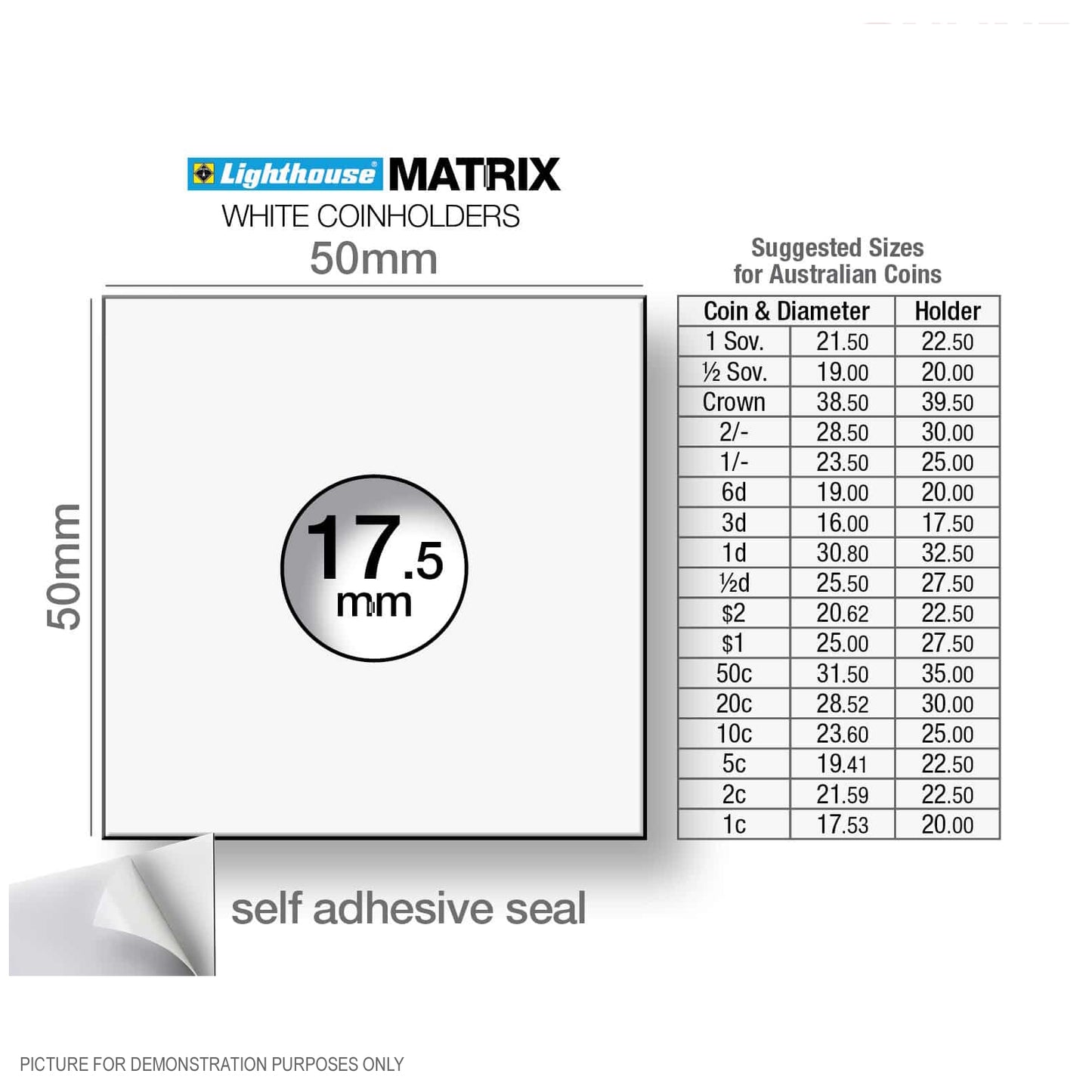 Lighthouse MATRIX WHITE 17.5mm Self Adhesive 2"x2" Coin Holders - Protection for your Coins (Suitable For Australian Threepence Coins)